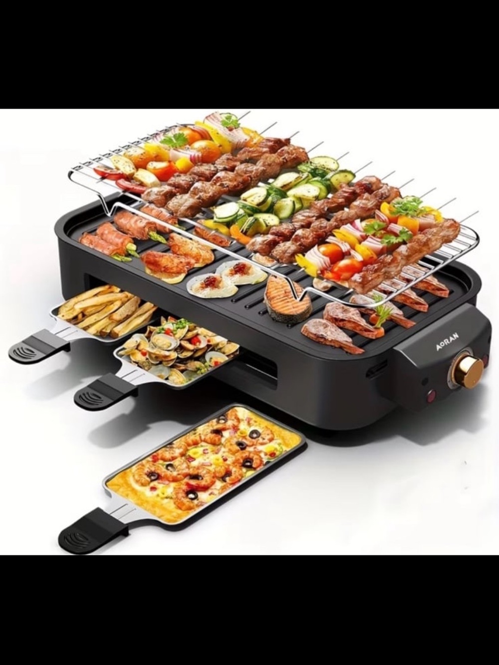New! “AORAN” Black Electric Barbecue Grill with Tongs and Spatula. Voltage 120V.